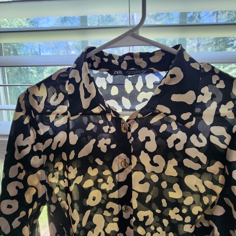 Zara Leopard Print Satin Belted Dress Size S Animal Print Longsleeve. - Picture 5 of 12